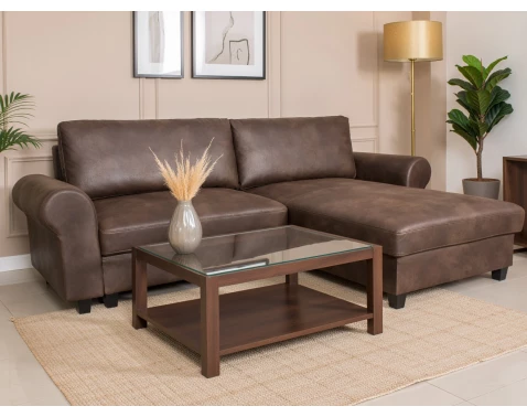 Rohová sedačka Florina, hnědá látka ve vintage optice kůže