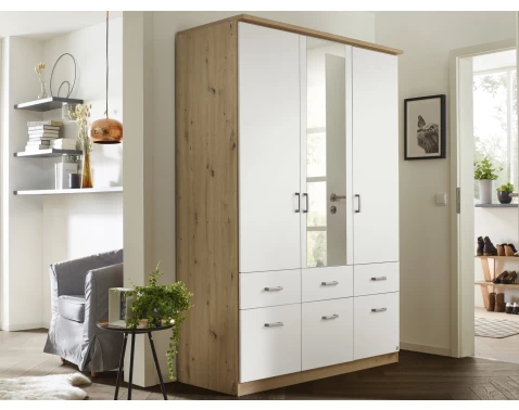 Šatní skříň se zrcadlem Bremen, 136 cm, dub artisan/bílá