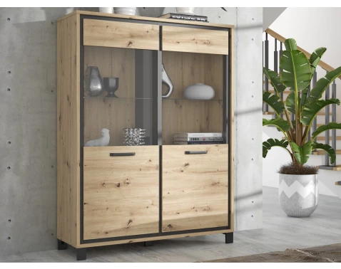 Široká vitrína Trondheim 121 cm, dub artisan/dub černý