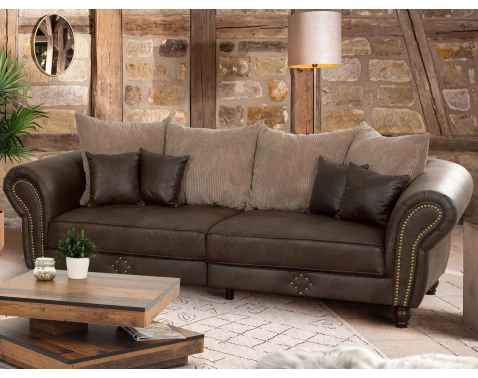 Velká pohovka Carlos, hnědá látka ve vintage optice kůže/béžová strukturovaná látka