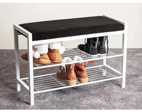 Předsíňová lavice s přihrádkou na boty Enya, bílá/černý sedák