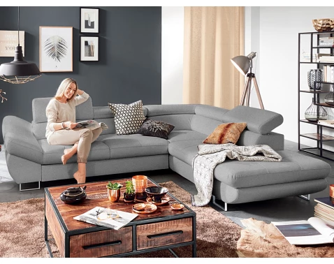 Rohová sedací souprava Fabio, světle šedá látka, pravý roh