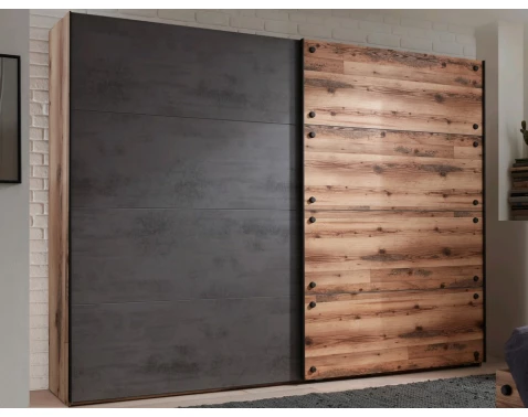 Šatní skříň s posuvnými dveřmi Dover,270 cm, srubová prkna/tmavý beton