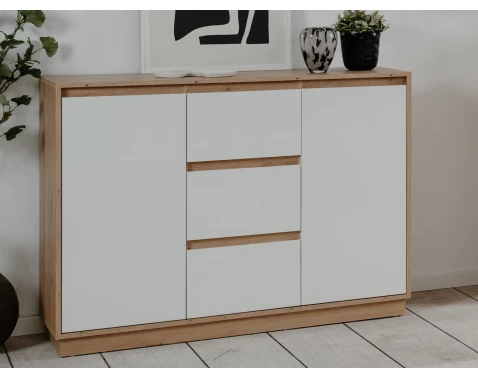 Komoda se šuplíky Dallas, 117 cm, dub artisan/leskle bílá
