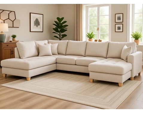 Sedačka Split, krémová látka, tvar levé U, s rozkladem