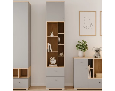 Regál s dvířky a zásuvkami Room 45 cm, dub biscuit/šedý