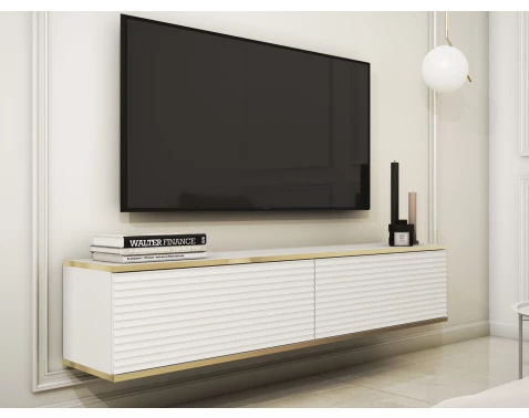Závěsná TV skříňka Orfeo, 135 cm, bílá struktura/zlatá