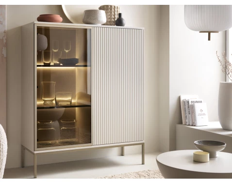 Skříňka s vitrínou Sento, kašmírově béžová/šampaň, s osvětlením