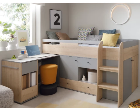Zvýšená úložná postel se stolkem Room 90x200 cm, dub biscuit/šedá
