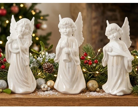 Dekorační soška (mix) Anděl s hudebním nástrojem, bílý porcelán