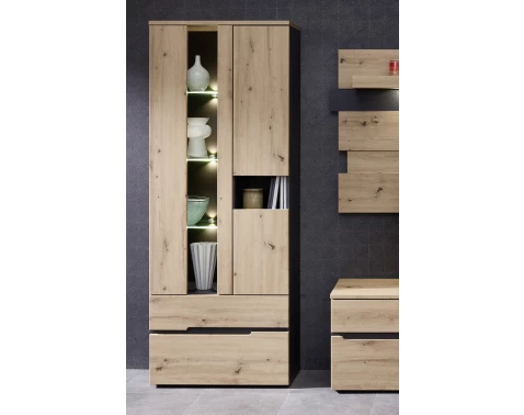 Vysoká vitrína s osvětlením Memphis, dub artisan/grafit