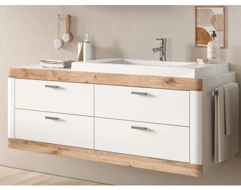 Závěsná koupelnová skříňka s umyvadlem Laredo, bílá/dub nox