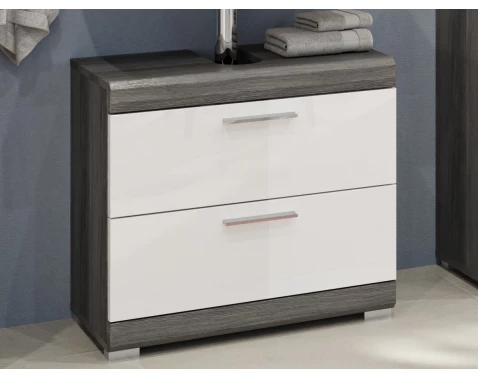 Koupelnová skříňka pod umyvadlo Scout, šedý dub/bílá lesk, zásuvky
