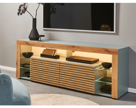 TV stolek Goal, šalvějově zelená/dub evoke, s osvětlením