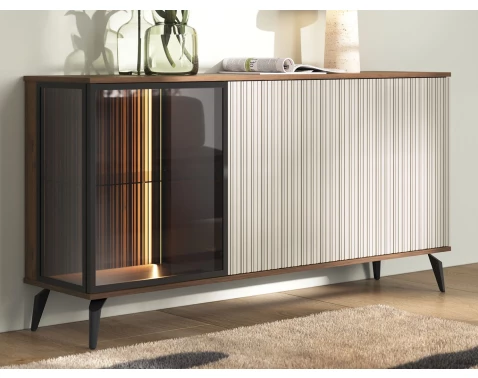 Široká komoda s prosklením Vici 154 cm, ořech/kašmírově béžová, s osvětlením