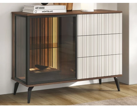 Komoda s prosklením Vici 103 cm, ořech/kašmírově béžová, s osvětlením
