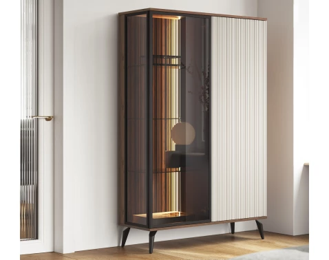 Vitrína Vici 103 cm, ořech/kašmírově béžová, s osvětlením