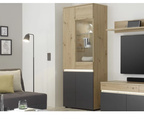 Vysoká vitrína Lille, dub artisan/antracit, s osvětlením