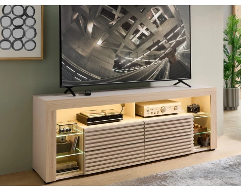 Levně TV stolek Goal, béžová kašmír/dub riva, s osvětlením