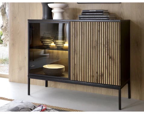 Skříňka Sento, černá/dub wotan, s osvětlením