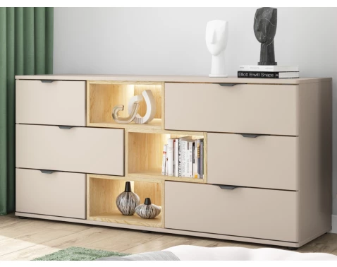 Komoda se zásuvkami Avola, 160 cm, béžová kašmír/dub cremona