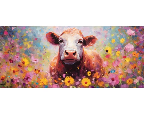 Levně Obraz na plátně Kráva v květech 140x60 cm, efekt olejomalby