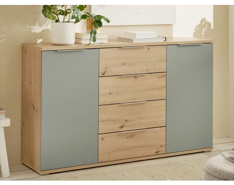 Komoda se zásuvkami Simada 150 cm, dub artisan/šalvějově zelená
