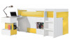 Zvýšená úložná postel s výsuvným stolkem Mobi 90x200 cm, bílá/žlutá