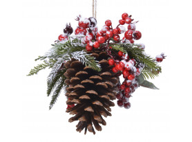 Závěsná vánoční dekorace Šiška s bobulemi, zasněžený efekt