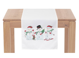 Vánoční běhoun na stůl Sněhuláci 150x40 cm, bílý