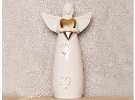 Dekorační soška LED anděl se zlatým srdcem, bílá