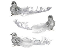 Vánoční dekorace/ozdoby (3 ks) Ptáček s klipem, stříbrná