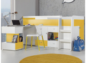 Zvýšená úložná postel s výsuvným stolkem Mobi 90x200 cm, bílá/žlutá