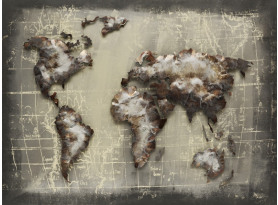 Kovový obraz na zeď Mapa světa 80x60 cm, šedý vintage
